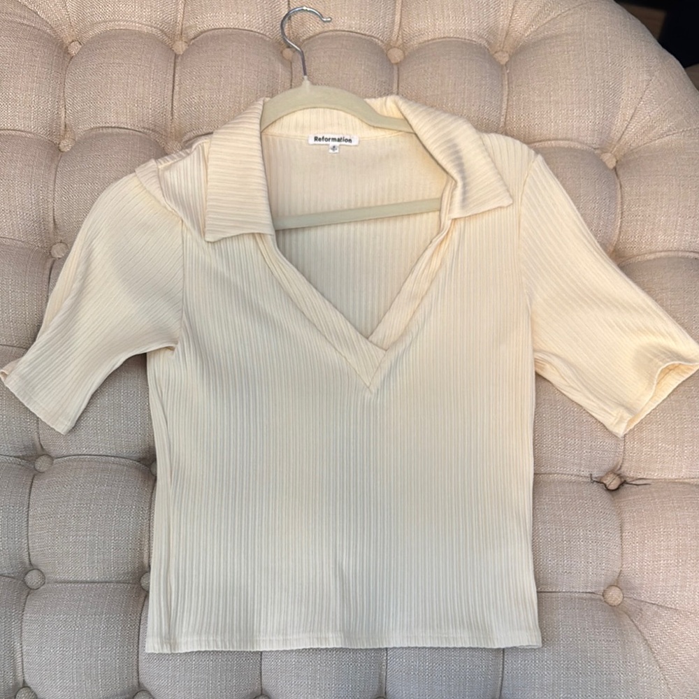 Reformation Cream Ribbed V-Neck Top